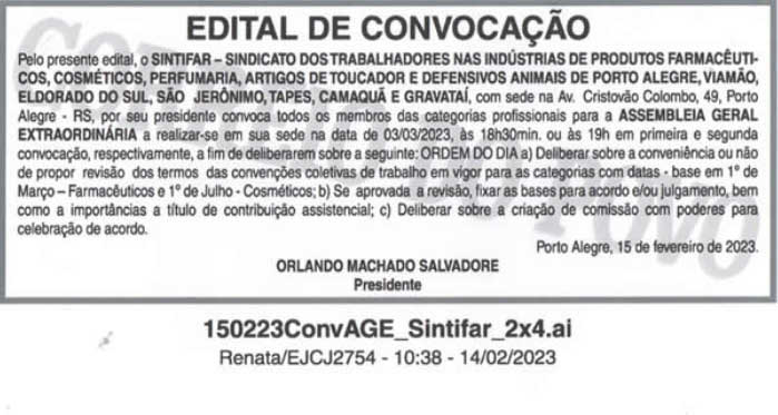 Edital de Notificação Sintifar RS