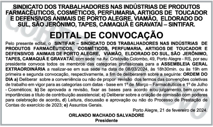 Edital de Notificação Sintifar RS